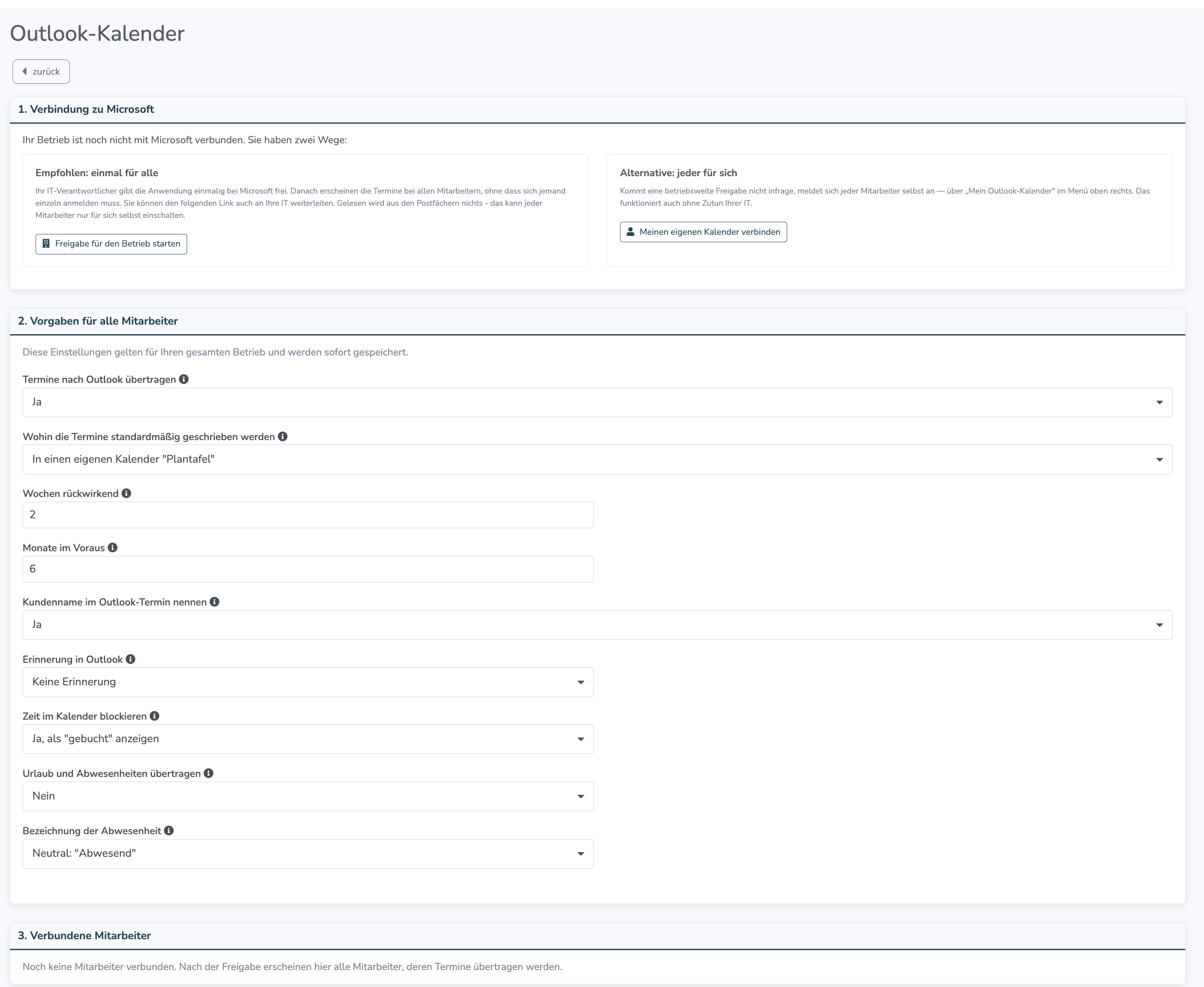 Admin-Bereich Outlook-Kalender mit Verbindung zu Microsoft und Vorgaben für alle Mitarbeiter