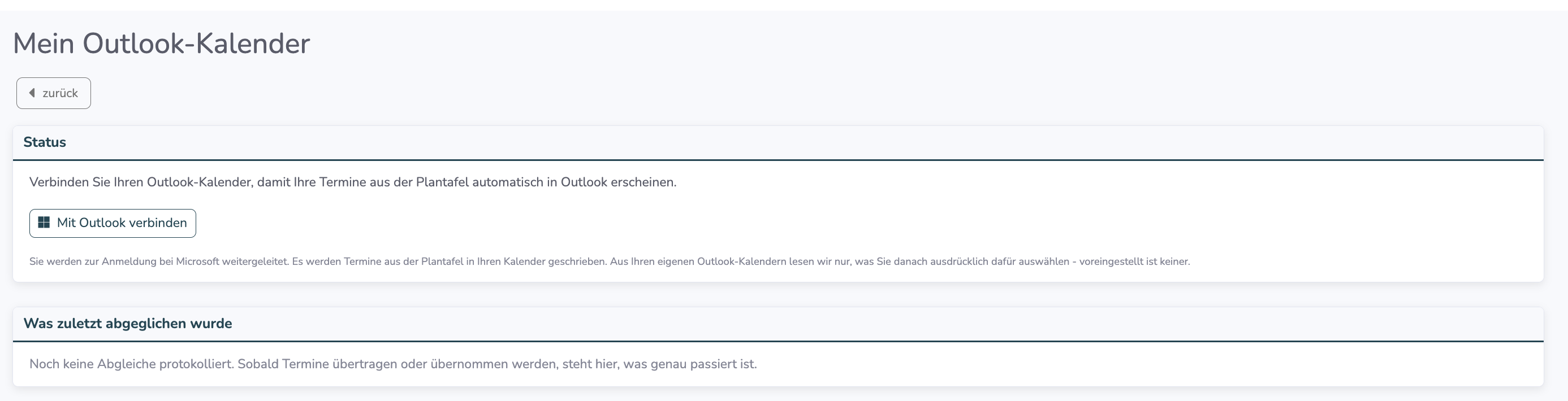 Seite Mein Outlook-Kalender mit dem Button Mit Outlook verbinden
