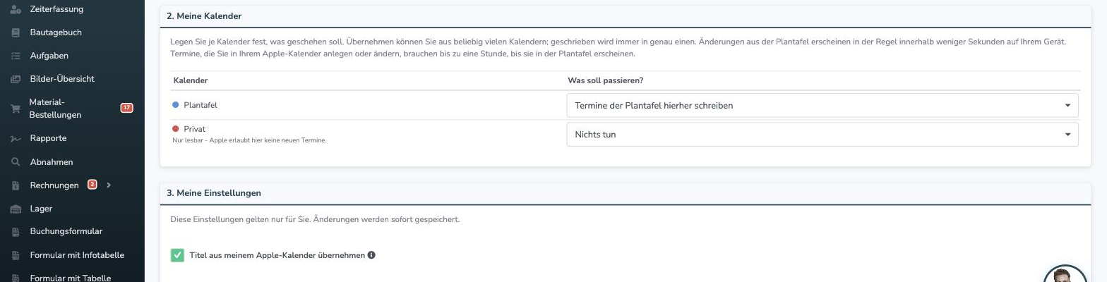Kalenderliste mit Auswahl, was pro Kalender passieren soll: Export, Import, Beides oder Nichts tun
