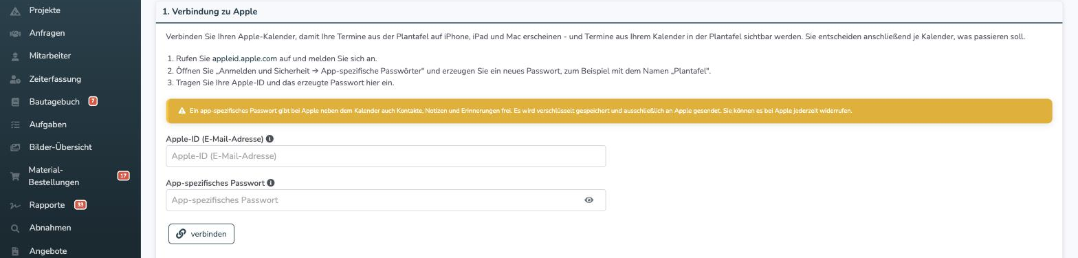 Seite Mein Apple-Kalender mit den Feldern für Apple-ID und app-spezifisches Passwort