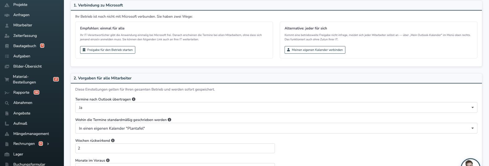 Admin-Bereich Outlook-Kalender mit den beiden Verbindungswegen und den Vorgaben für alle Mitarbeiter